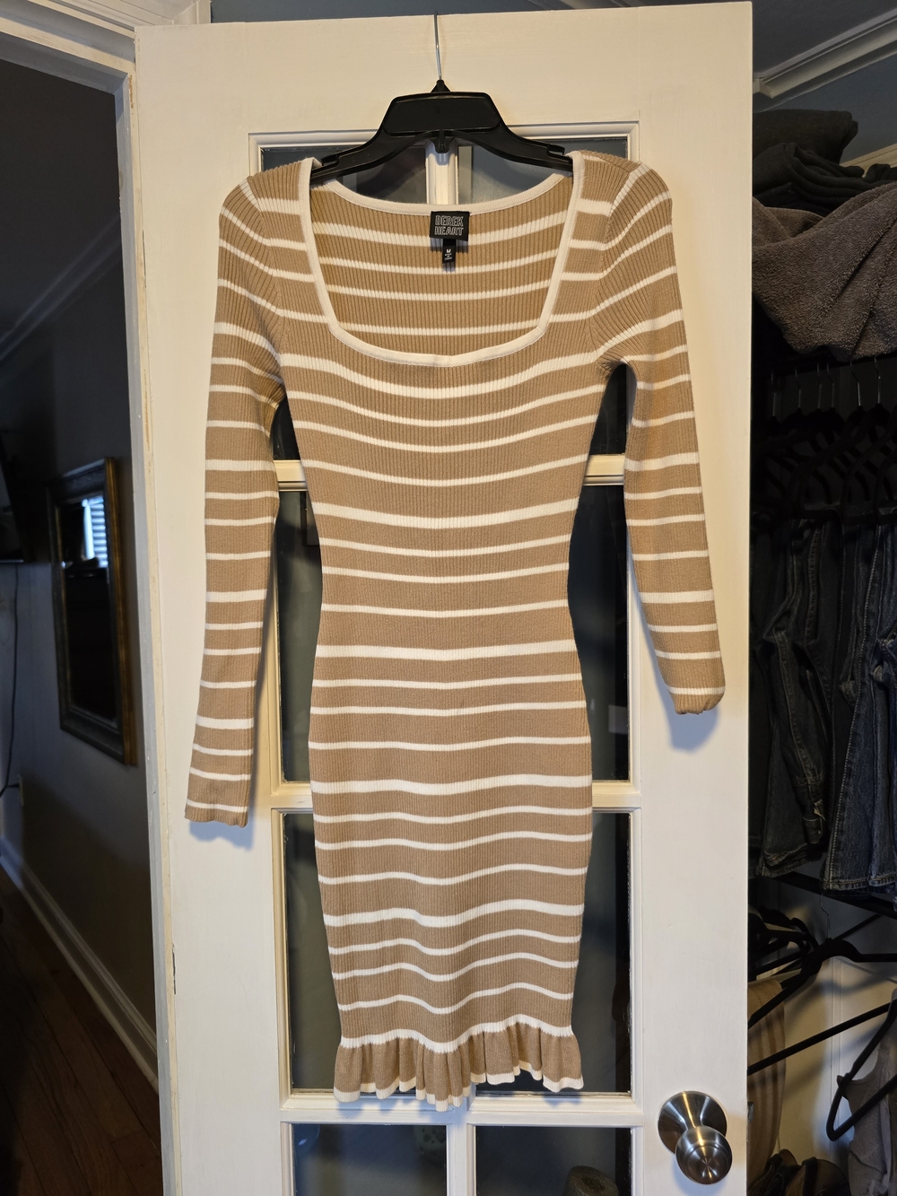 Derek Heart Beige & White Striped Ribbed Long Sleeve Dress